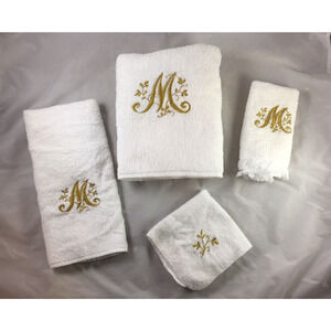 Martex Initial M Monogrammed 4-Piece White Bath Towel Set USA Made Vintage